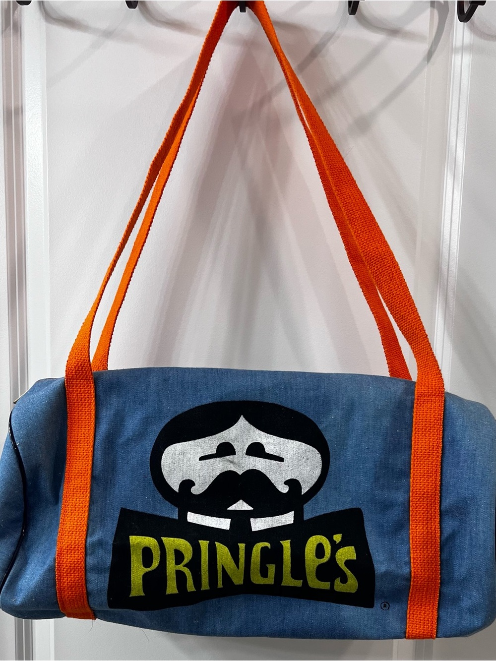 EUC Vintage Pringles Denim Duffel Bag, Blue/Orange